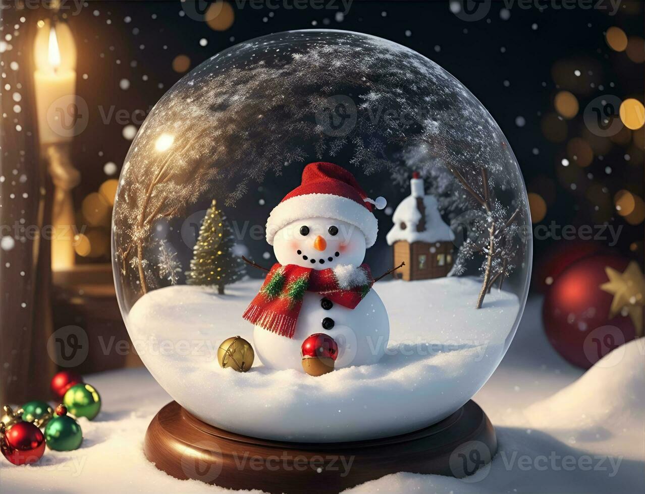ai generative, Christmas winter with snowman in a sphere glass jar photo