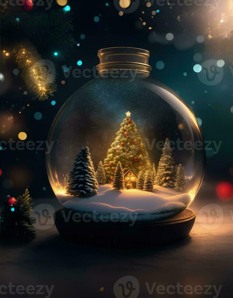 AI Generative vibrant cozy stunning winter Christmas tree inside clear crystal ball photo