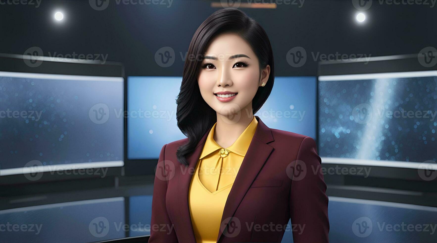 AI Generative, a photo of a tv news female presenter on a popular channel. live stream broadcast on television