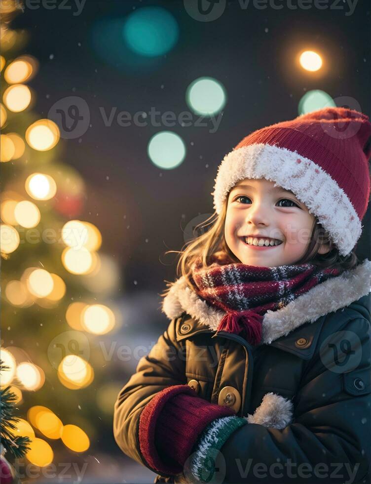 ai generative, Cute kid in Santa Claus costume on blurred snowy Christmas eve background photo