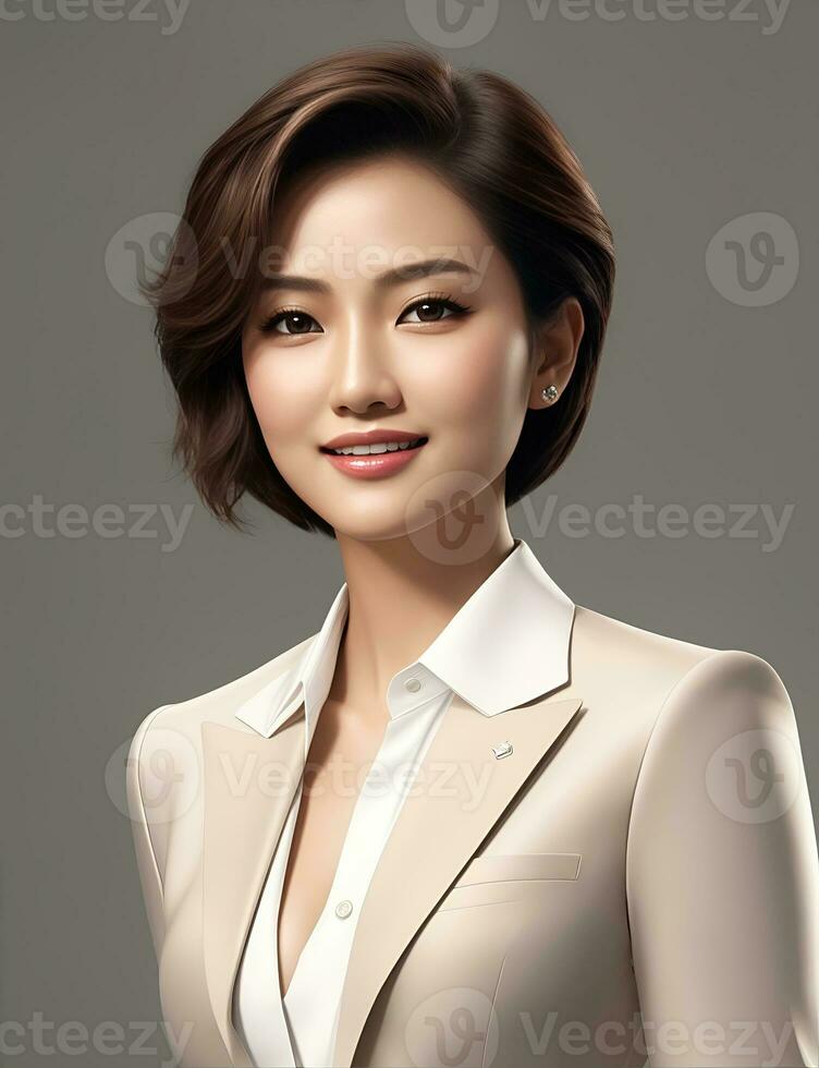 AI Generative, smiling young businesswoman in beige suit looking at camera over white background photo
