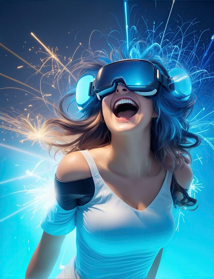 AI Generative, woman having fun in virtual reality, VR glasses photo