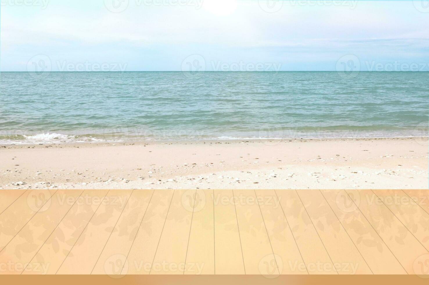 Blank wooden table with white sand beach and sea landscape background for product display montage photo
