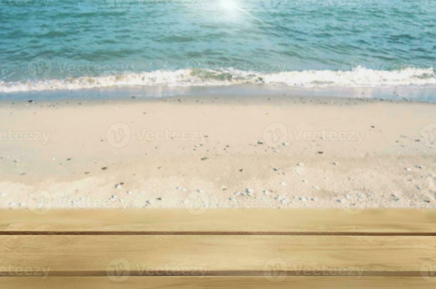 Blank wooden table on the beach and sea landscape background for product display montage photo