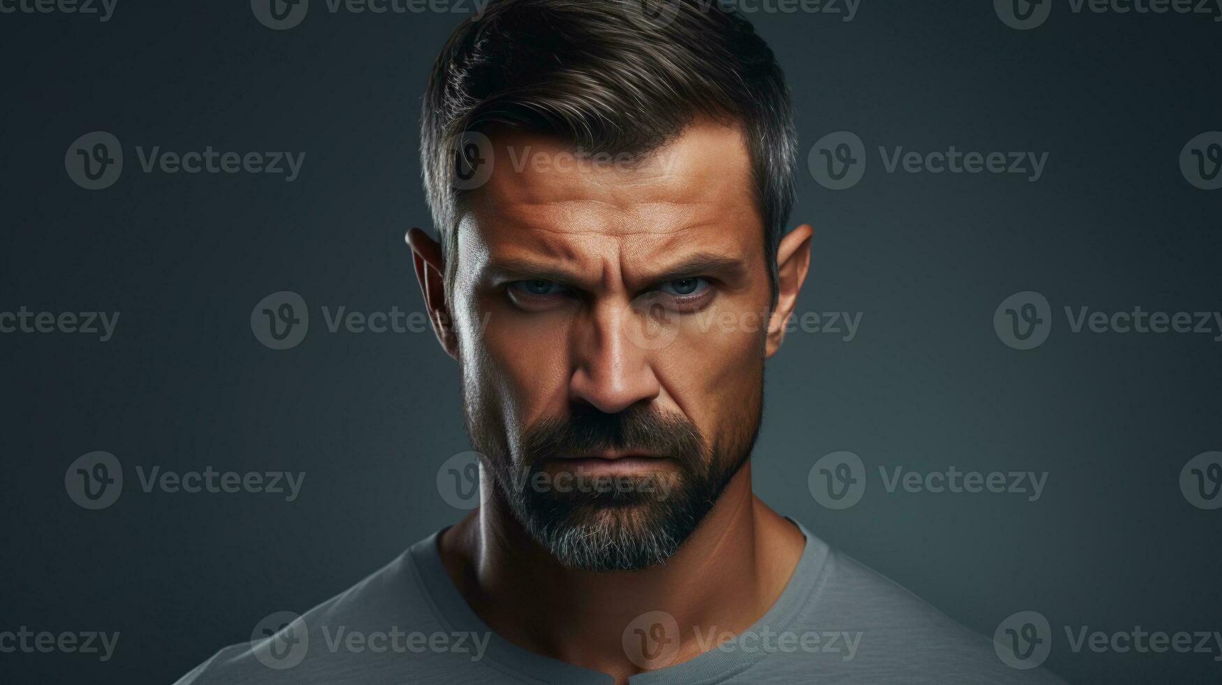 Angry Man Looking at the Camera Isolated on the Minimalist Background photo