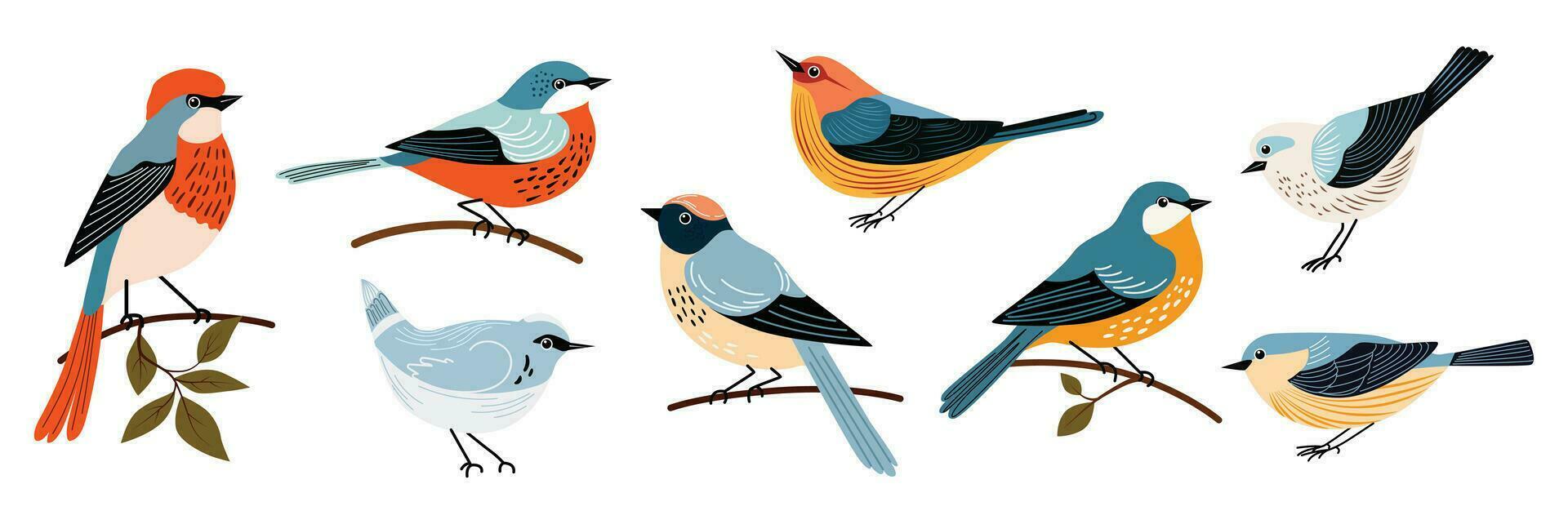 Set of decorative birds hand draw flat style vector
