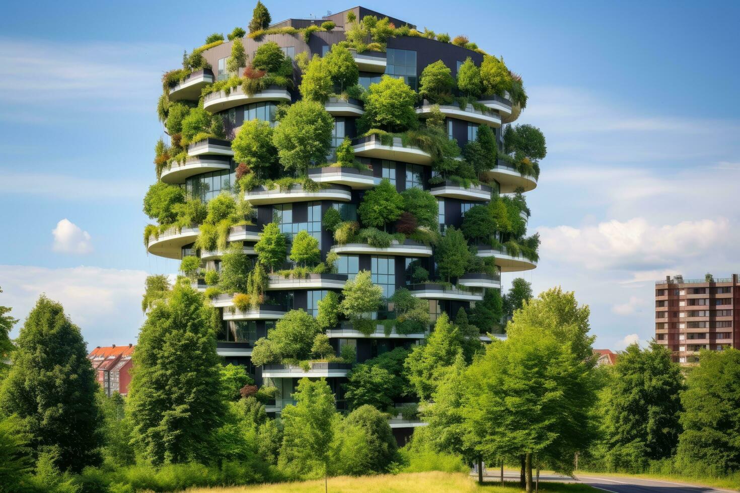 Modern apartment building in the city. Beautiful landscape with green trees, Ecofriendly building in the modern city, AI Generated photo