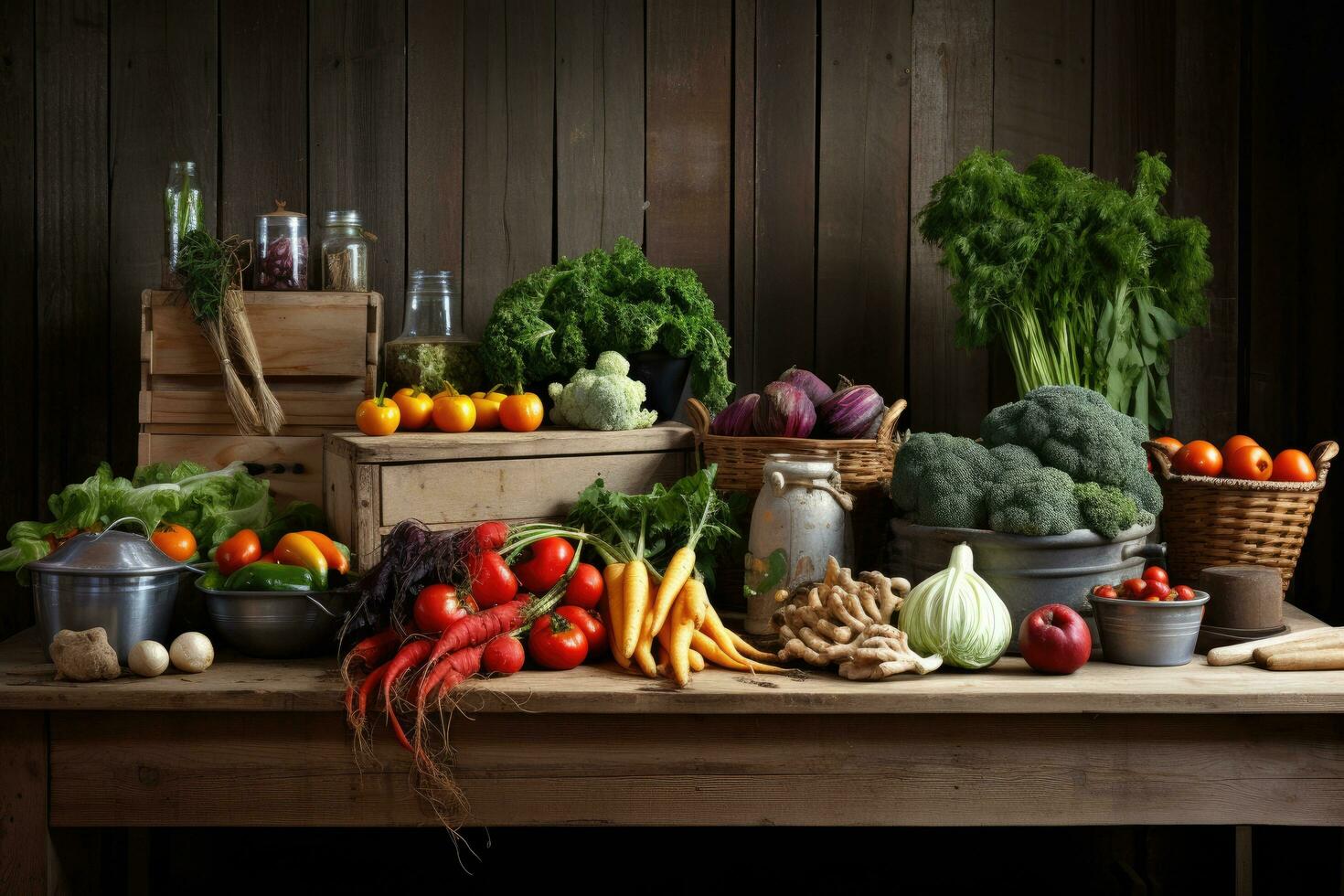 Composition with variety of raw organic vegetables on wooden table in kitchen, Fruits and vegetables on a wooden table in a rustic kitchen, AI Generated photo