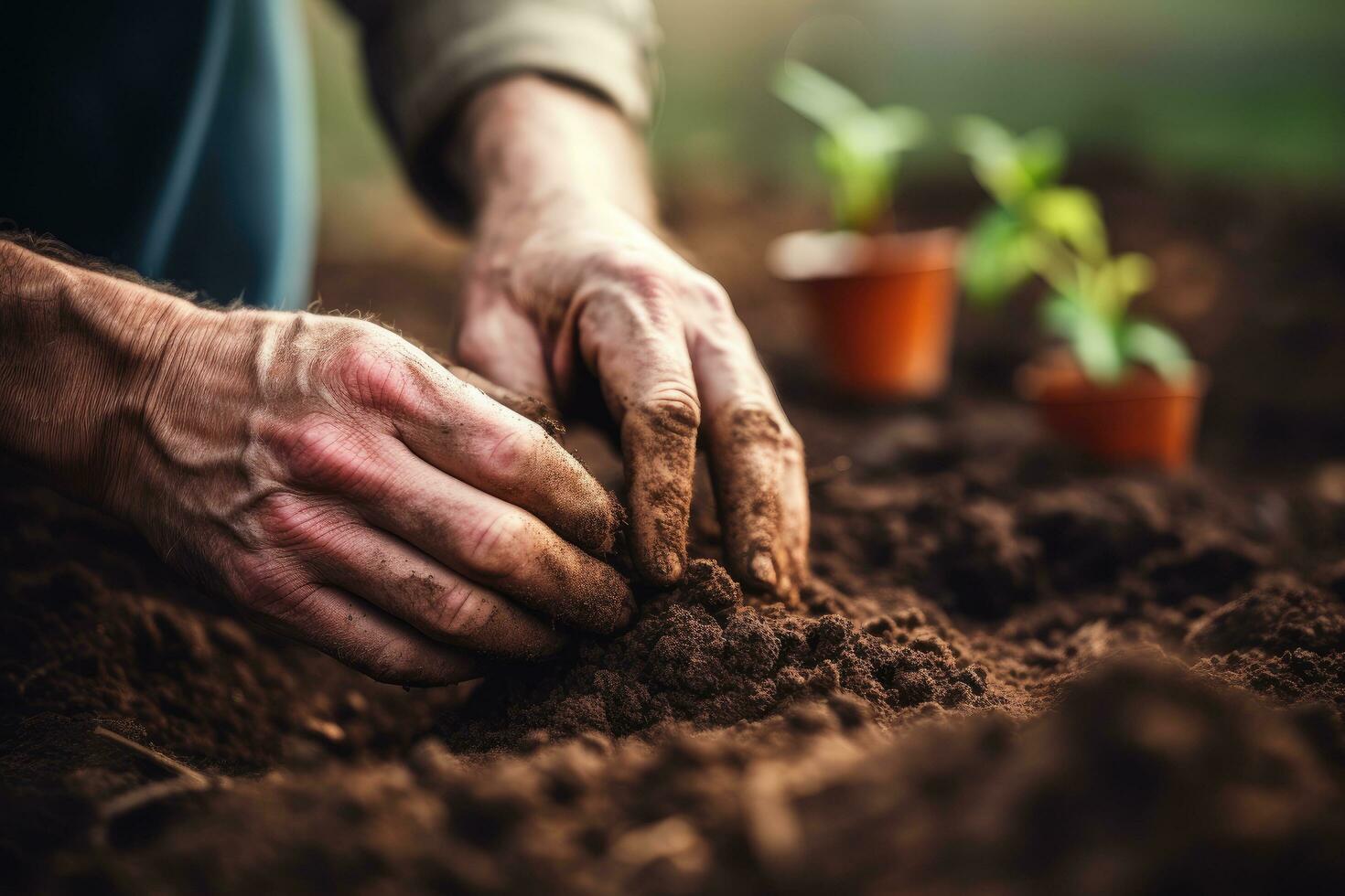 Hands of a senior man planting a seedling in the ground, Farmer hands planting seeds in soil. Gardening and agriculture concept, AI Generated photo