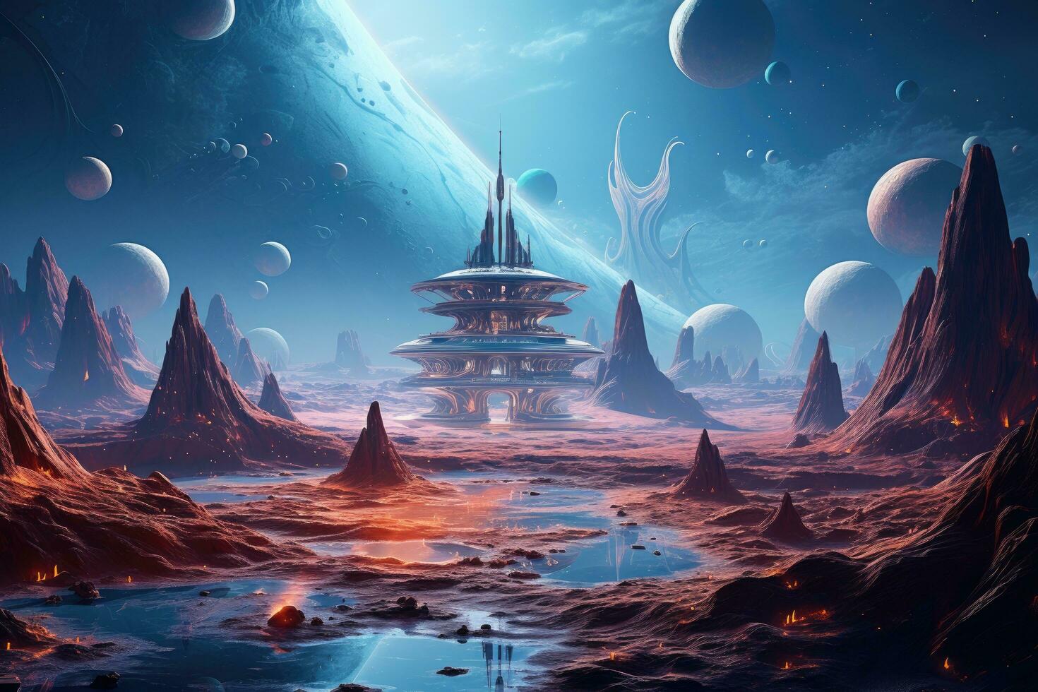 Fantasy alien planet. 3d illustration. Elements of this image furnished by NASA, Fantasy alien planet. Fantasy world. Digital painting. 3D illustration, AI Generated photo
