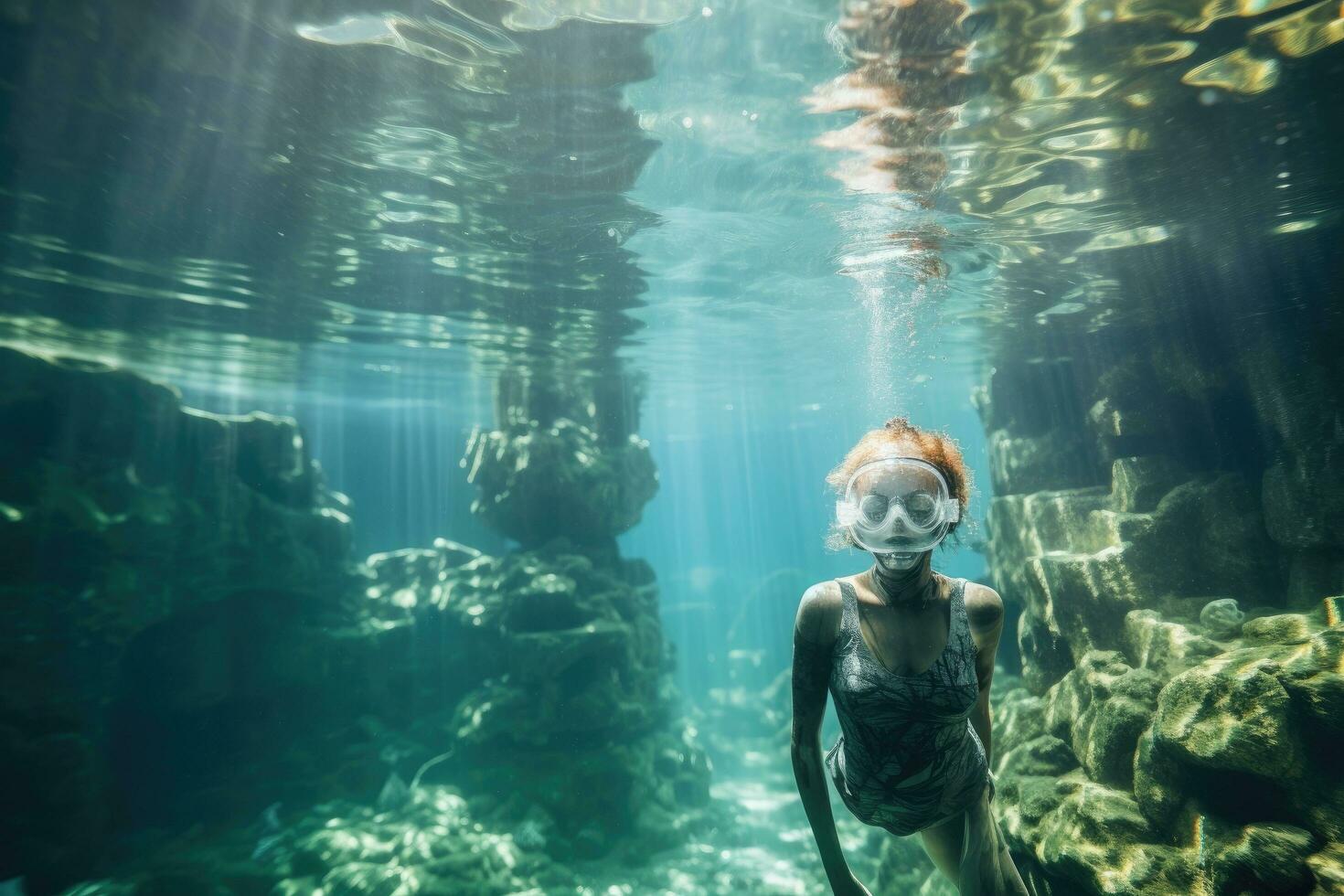 Young woman in a diving mask swimming underwater in a sea aquarium, Female apnea bikini swims in the crystal sea, AI Generated photo