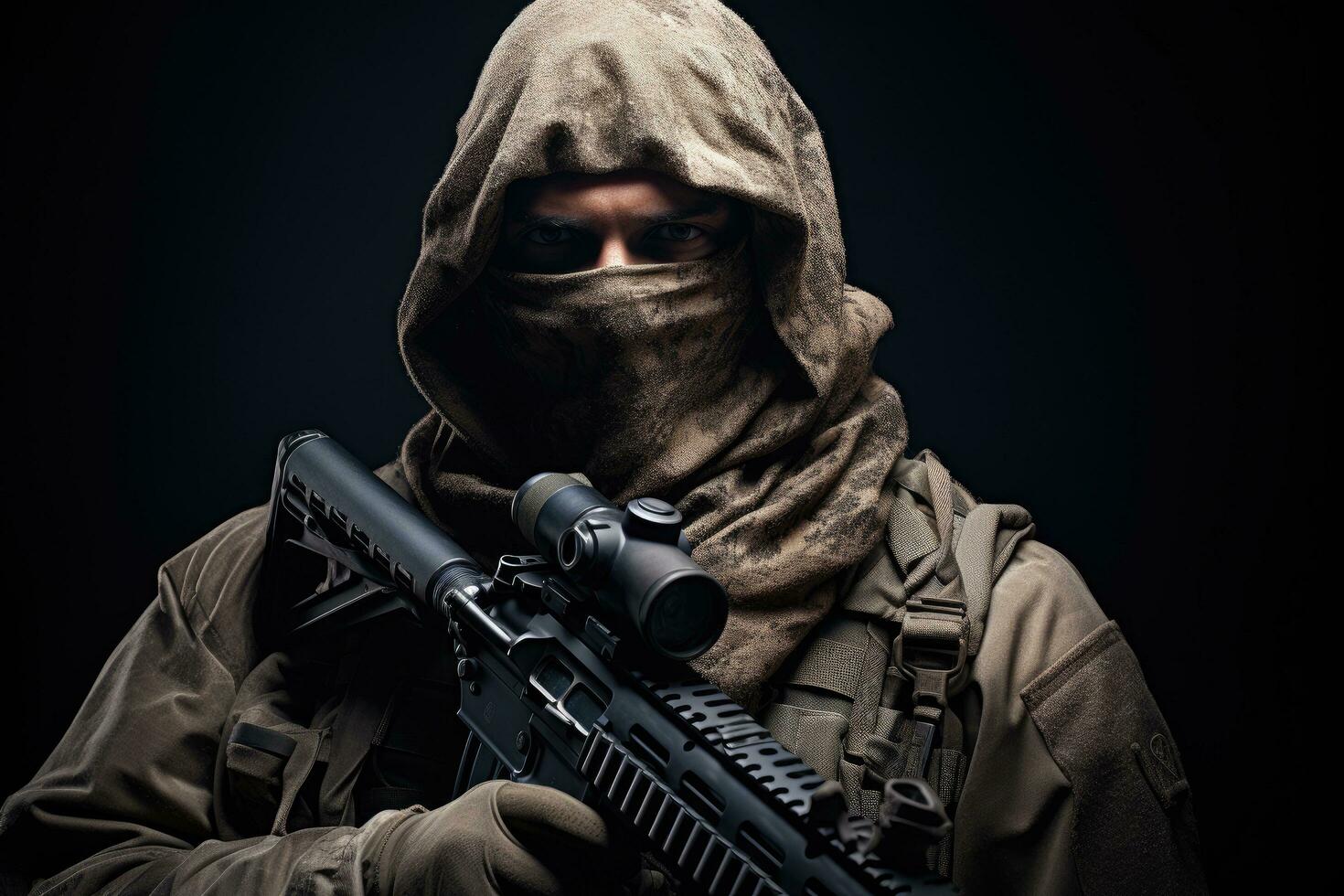 Armed man with a machine gun on a dark background. Selective focus, Fully equipped soldier in a tactical net scarf and with a sniper rifle, Black background, anonymous face, AI Generated photo