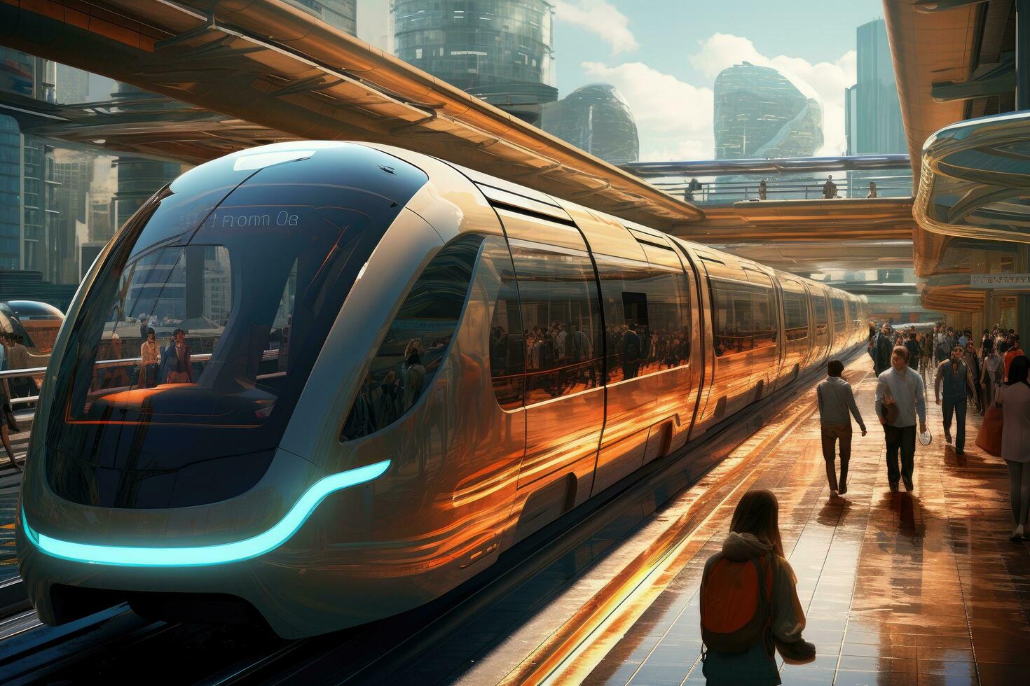 Modern high-speed train in Hong Kong, China. 3D rendering, future of transportation, AI Generated photo
