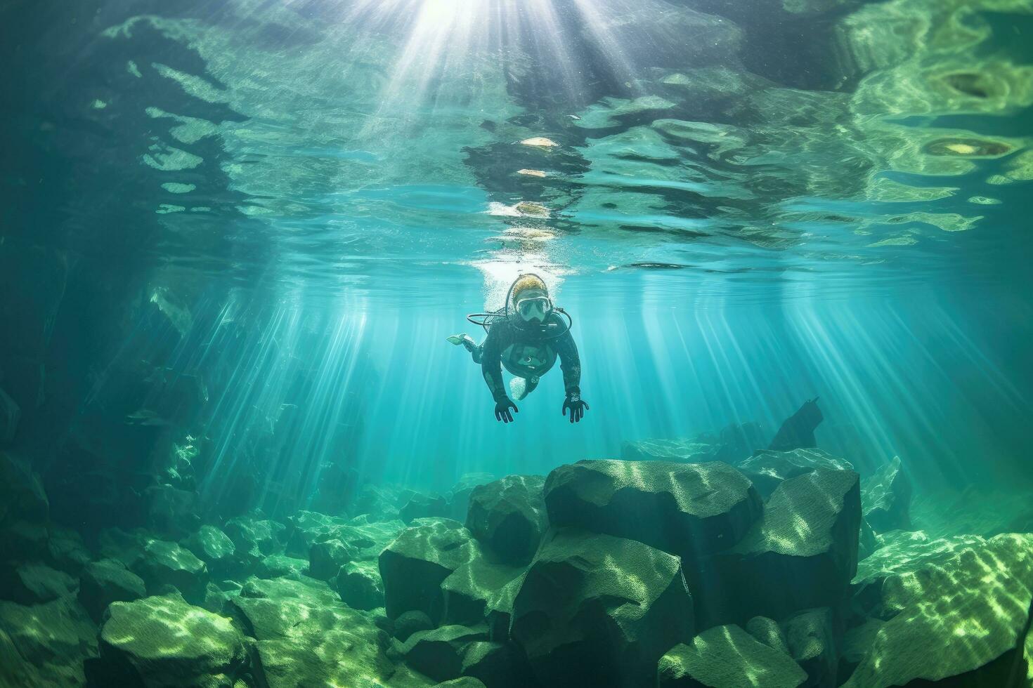 Underwater shot of a woman snorkeling in the sea, Female apnea bikini swims in the crystal sea, AI Generated photo