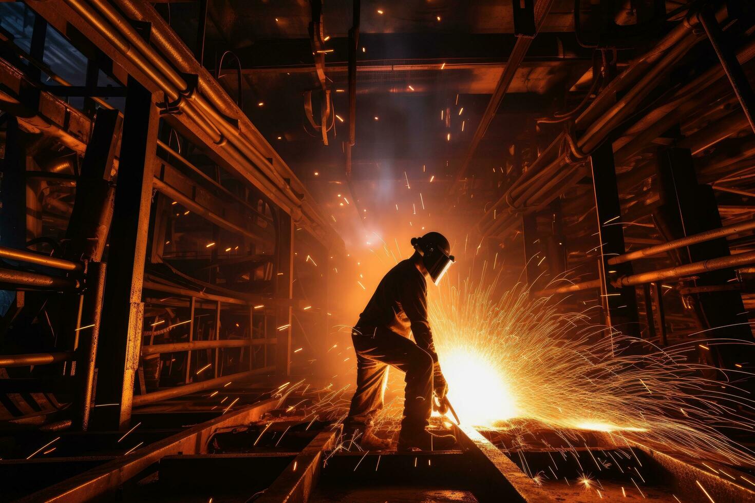 Worker in a metallurgical plant. Sparks while welding metal, Enter the captivating world of welding flames photography, AI Generated photo