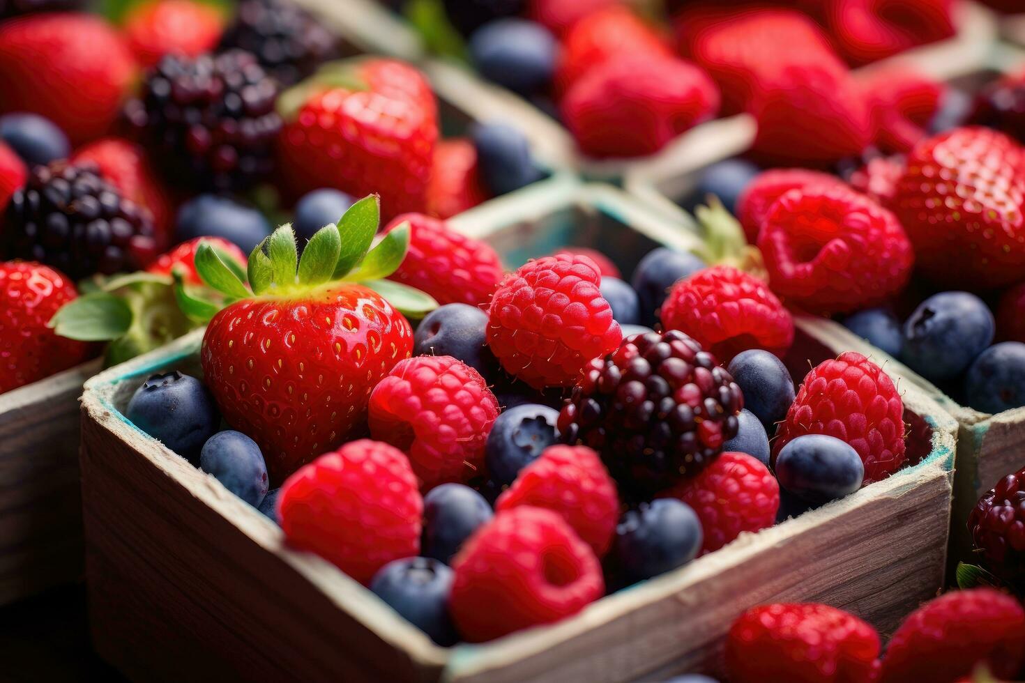 Fresh berries in wooden box. Selective focus. Shallow dof, Farmers Market Berries Assortment Closeup. Strawberries, Blueberries, Raspberries in boxes, AI Generated photo