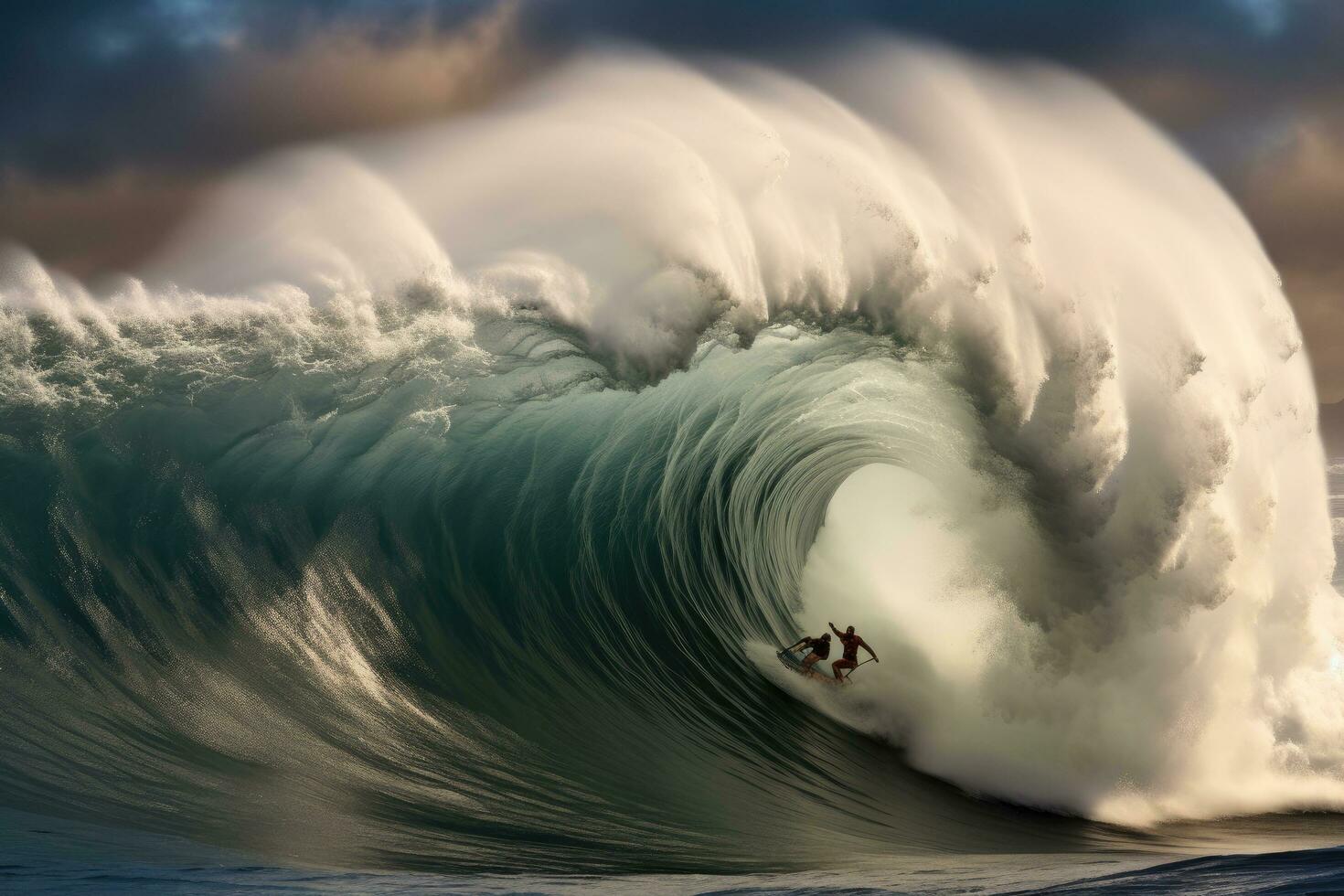 Surfing ocean wave. Surfer on a blue ocean wave, Extreme surfers surfing on the huge sea waves, rear view, no visible faces, AI Generated photo