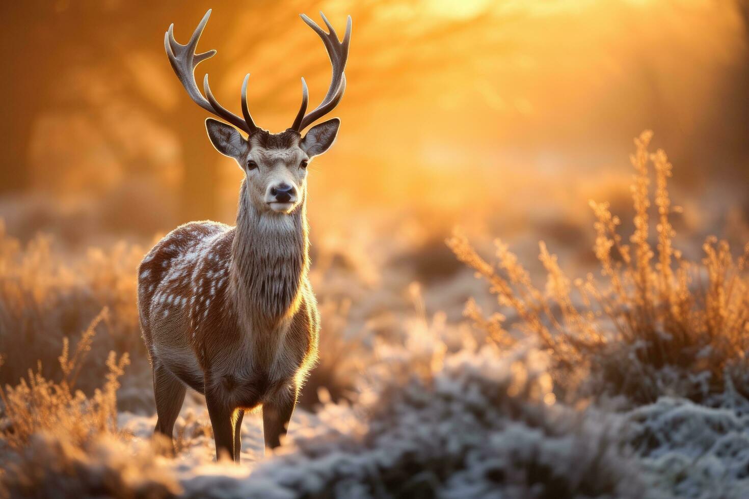 Fallow deer lat. Dama Dama in winter sunrise, Fallow deer stag during rutting season at sunrise in winter, AI Generated photo