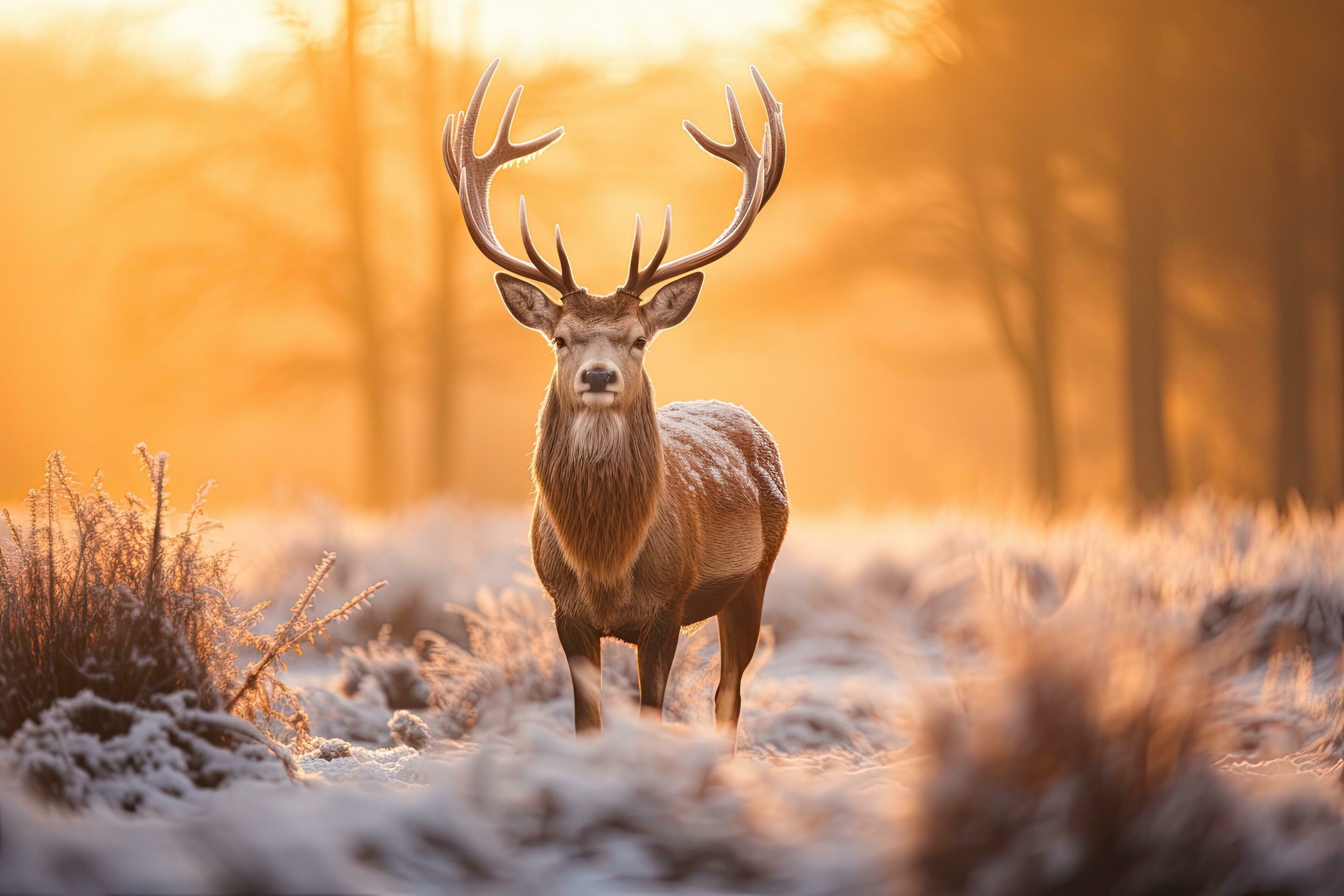 Beautiful red deer stag in winter landscape with hoarfrost