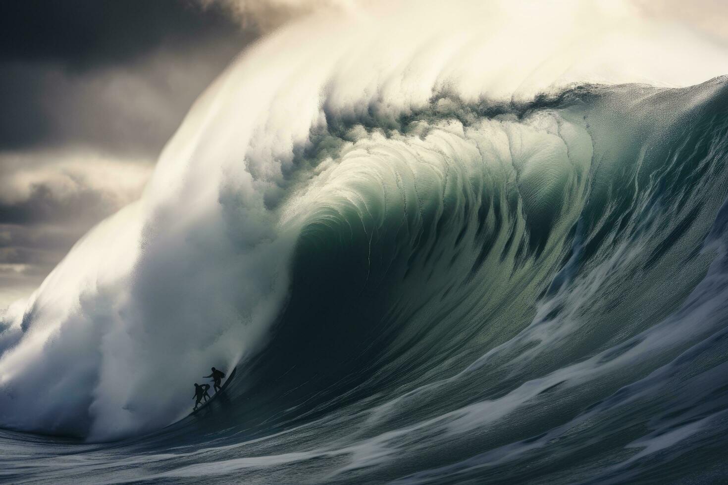 tablista en azul Oceano ola, bali isla, Indonesia, extremo surfistas surf en el enorme mar ondas, posterior vista, No visible caras, ai generado foto