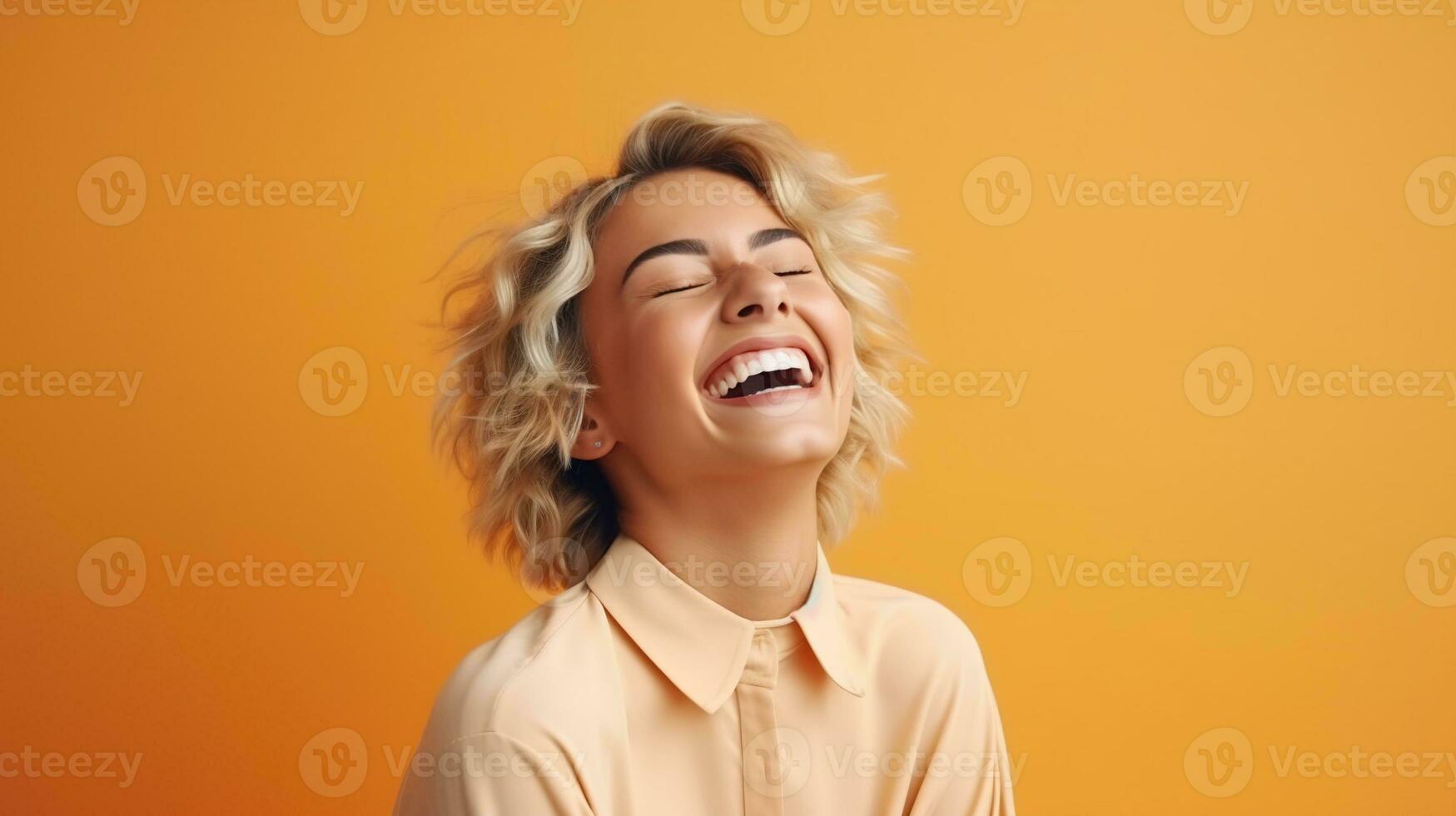 Laughing Woman isolated on the Minimalist Pastel Color Background photo