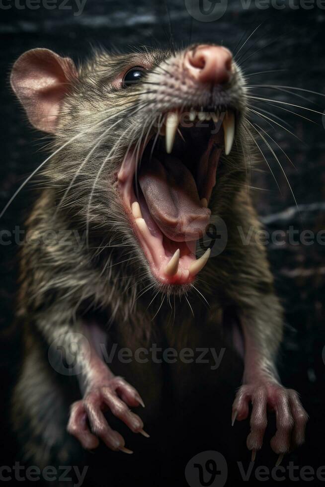 Aggressive rat on dark background. Generative AI photo