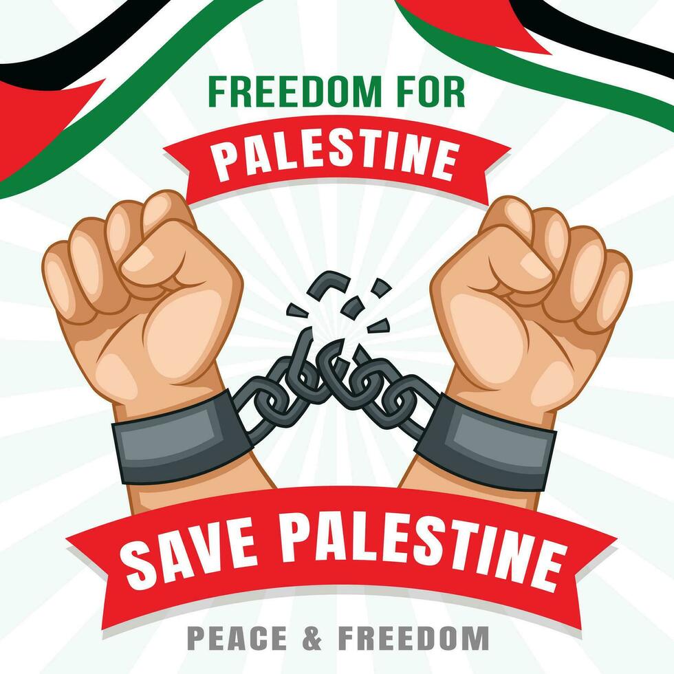 Freedom for palestine hand broken chain with palestinian flag ribbion vector illustration
