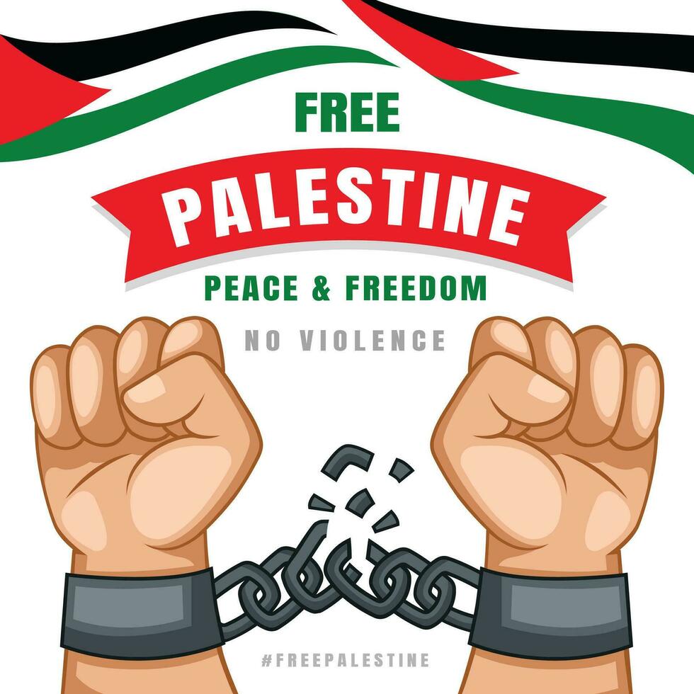 Free palestine hand broken chain with palestinian flag ribbion vector illustration