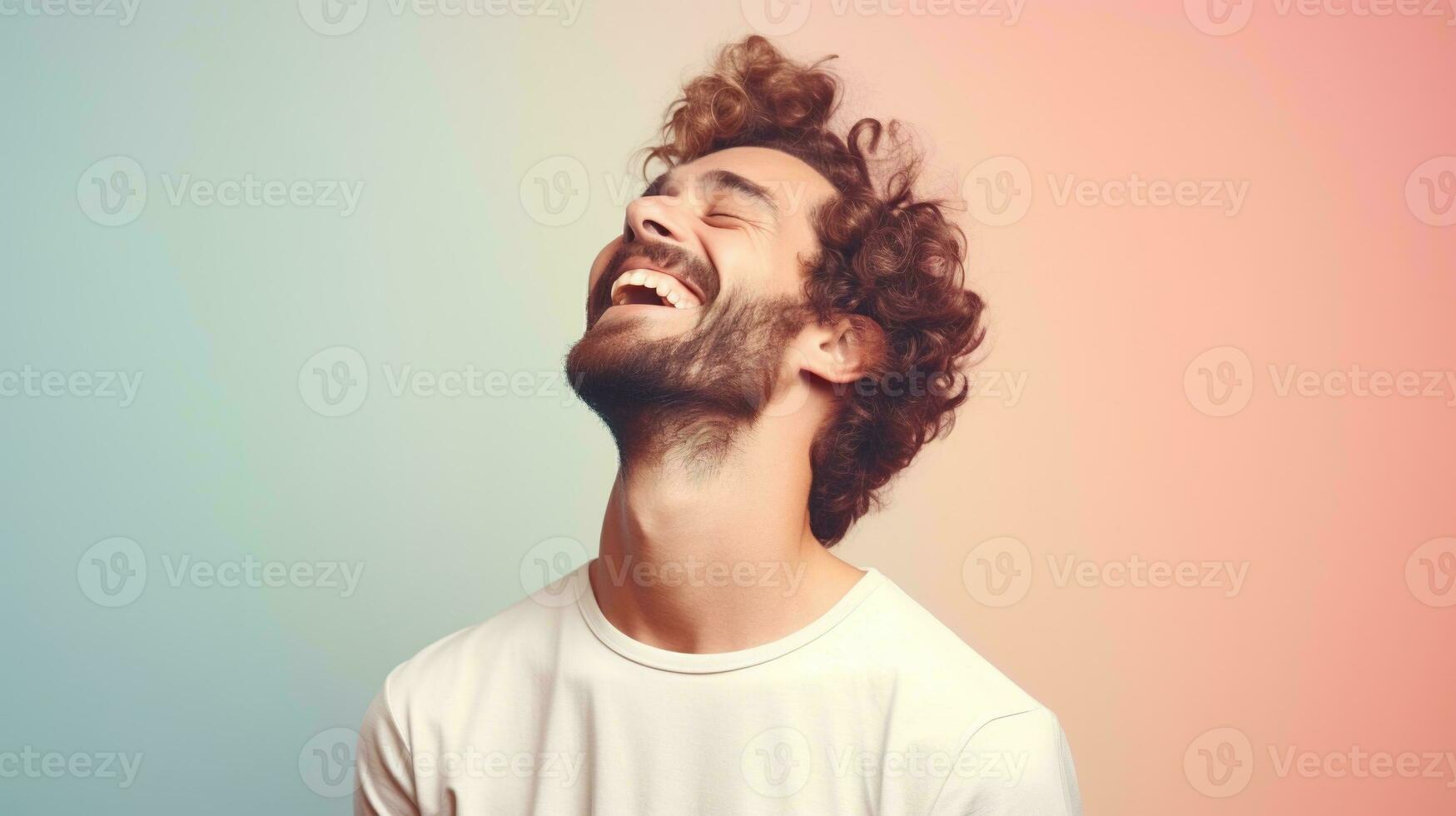 Laughing Man isolated on the Minimalist Pastel Color Background photo