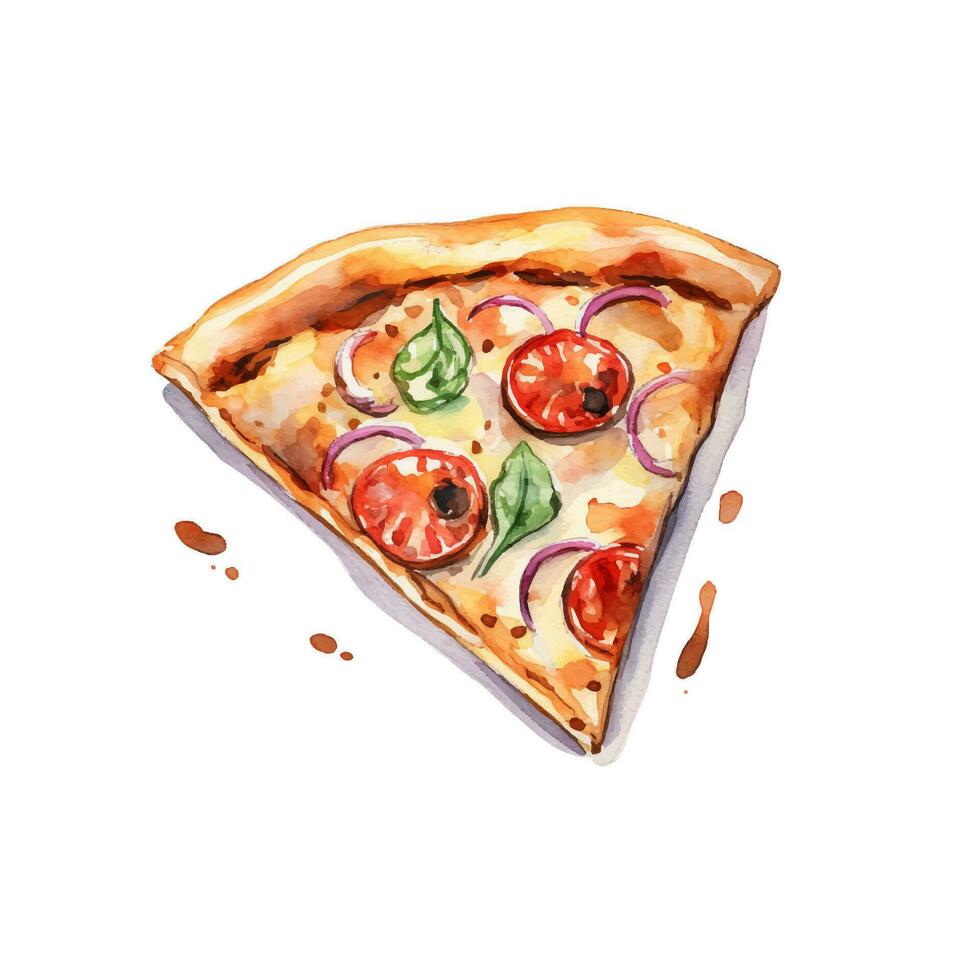 Hand drawn slice of pizza. Watercolor sketch isolated on white background. Vector illustration for food design