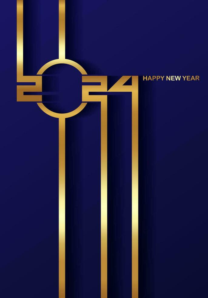 golden 2024 Happy New Year card with premium foil gradient texture lines, dark background. Festive luxury design for holiday card, invitation, calendar poster. 2024 New Year gold text on blue vector