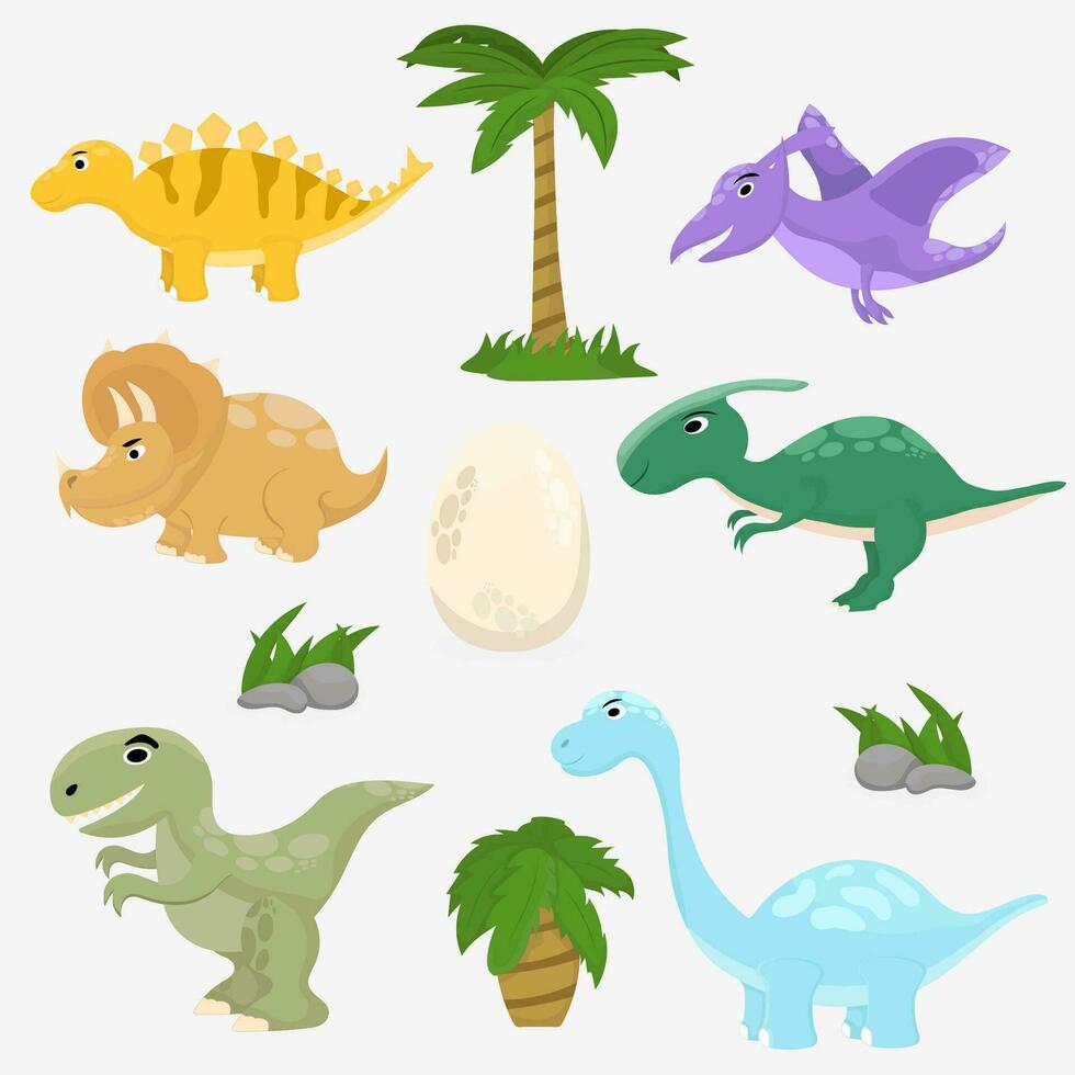 Vector set of cute dinosaurs with 2 palm trees grass and stone.