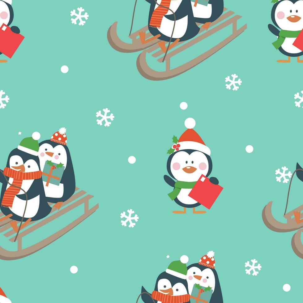 Christmas seamless pattern with penguins on blue background vector
