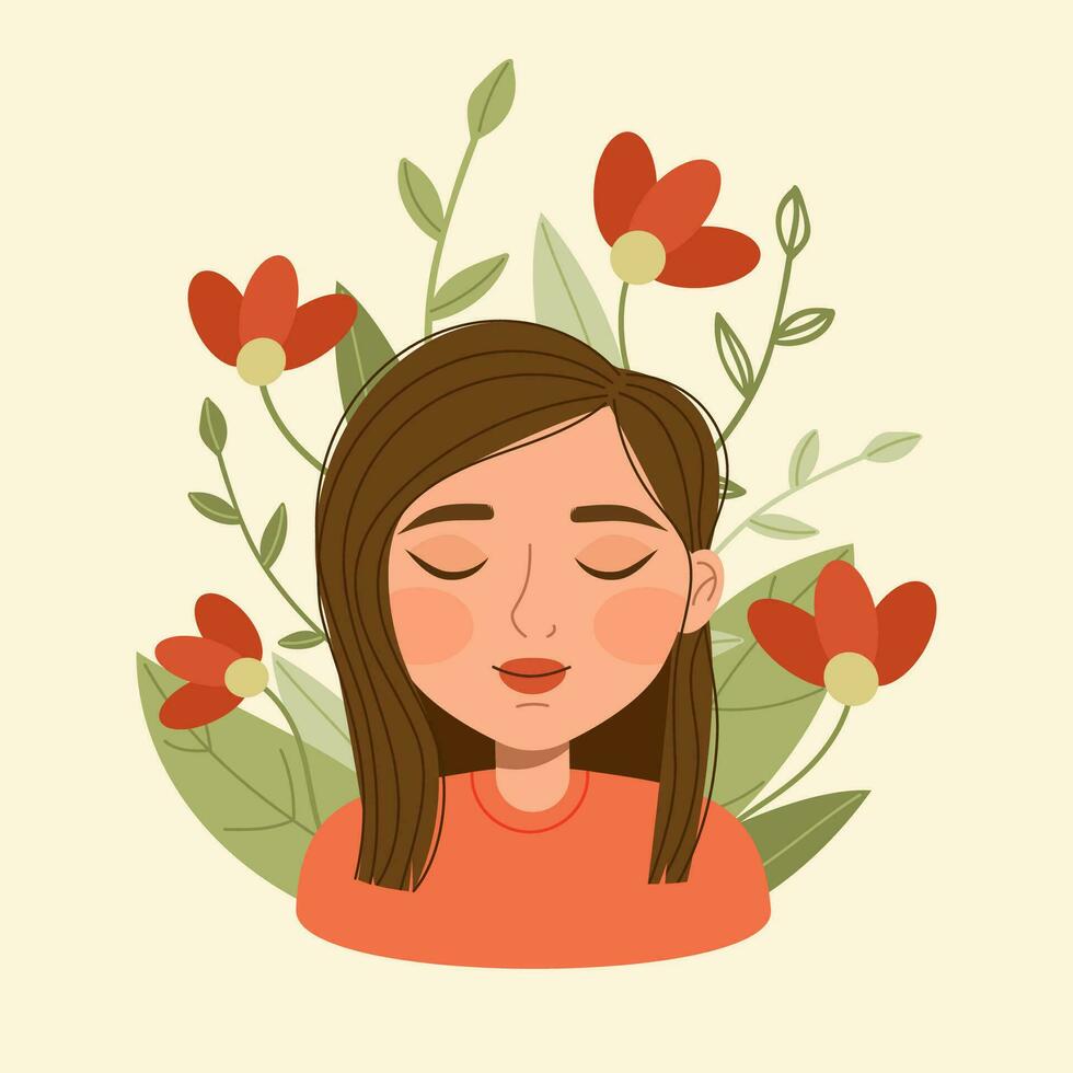 Mental health concept. Young girl with flowers. Optimism and positive emotions, good mood. Happy woman. Cartoon flat vector illustration