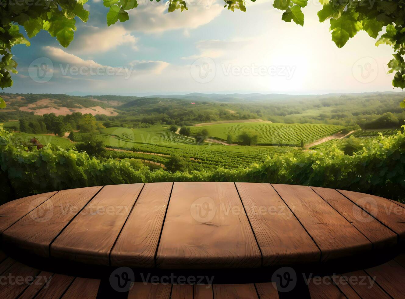 ai generated A round wooden table with vineyard, mountains, and beautiful blue sky as the background, perfect for beverages tea, coffee, wine, and etc. advertisings photo