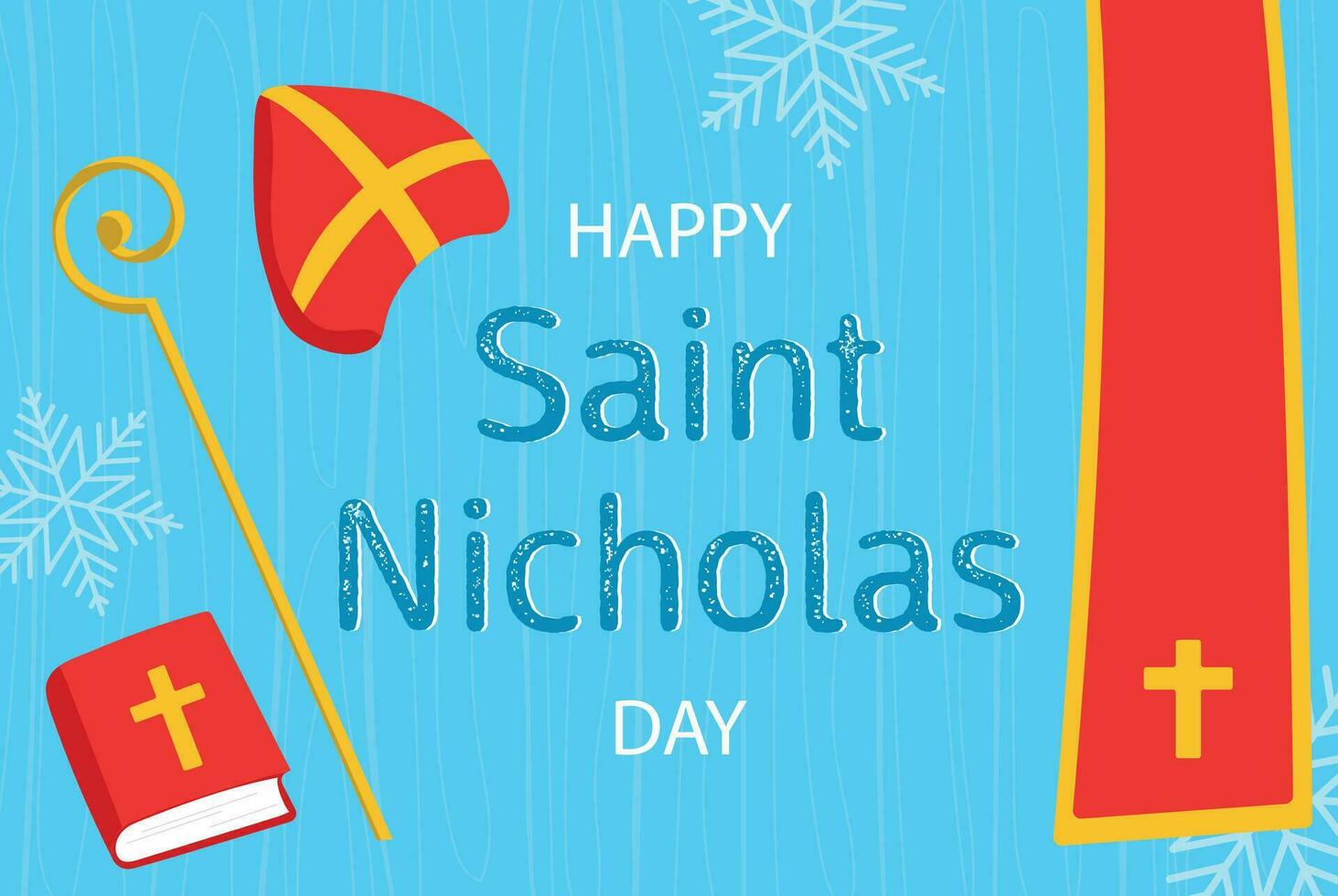Saint Nicholas Day. Horizontal banner with attributes of Saint Nicholas, hat, bible, candy, staff. Traditional holidays of Christian countries. Sinterklaas day vector