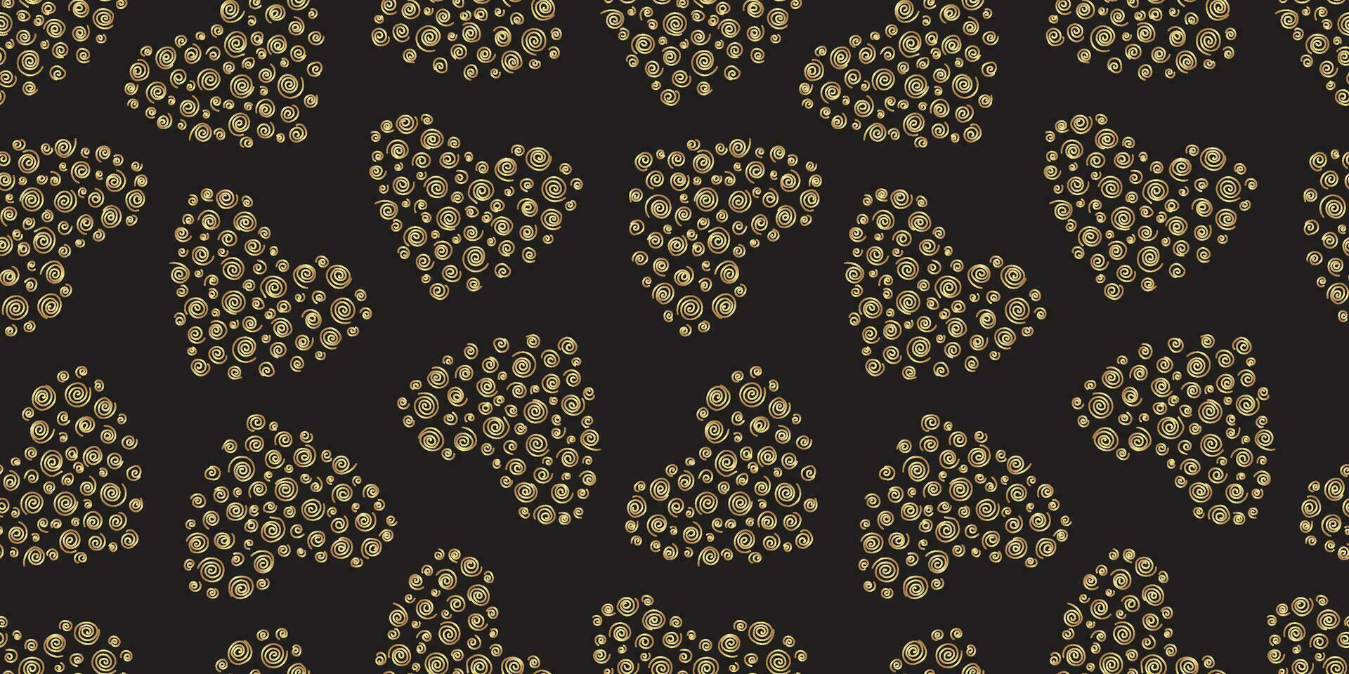 Golden hearts on black background seamless pattern vector illustration. Luxurious elegant pattern. Hand drawn decorative gold heart for gift packaging, wrapping paper, textile. Valentines day.