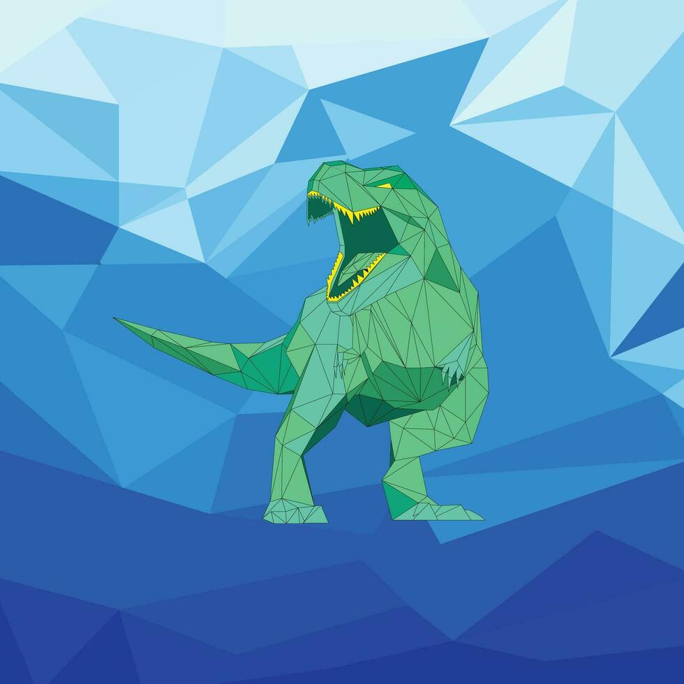 Robot geometric polygonal Tyrannosaurus. Mecha T Rex dinosaur vector illustration in polygonal blue background
