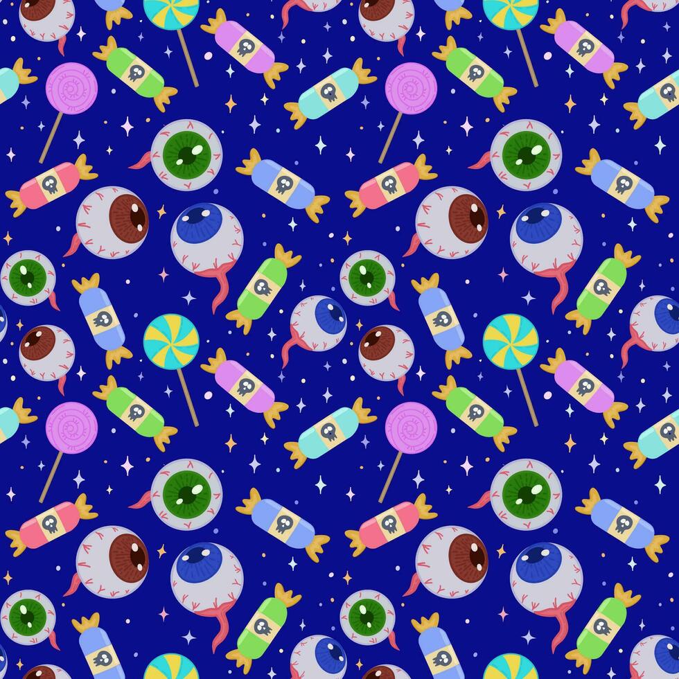 Seamless vector pattern with eyes and candy on a blue background. Scary eyes and candy for Halloween party decoration. A banner, poster or postcard for an October party. Halloween pattern background. Vector illustration