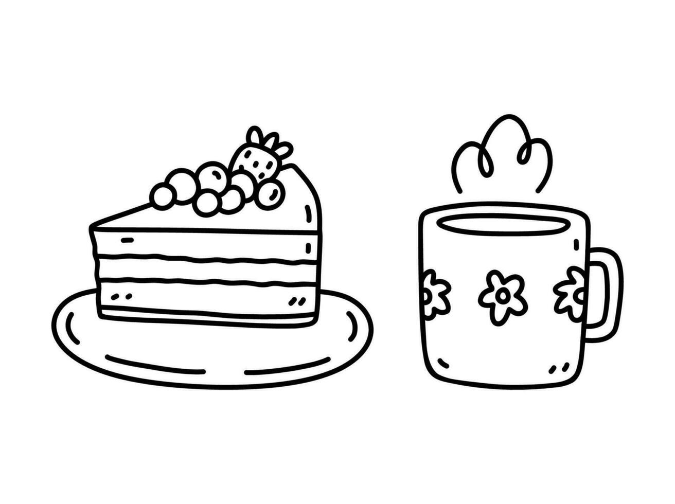 A cup of tea with a piece of cake isolated on white background. Vector hand-drawn illustration in doodle style. Perfect for cards, menu, logo, decorations, various designs.