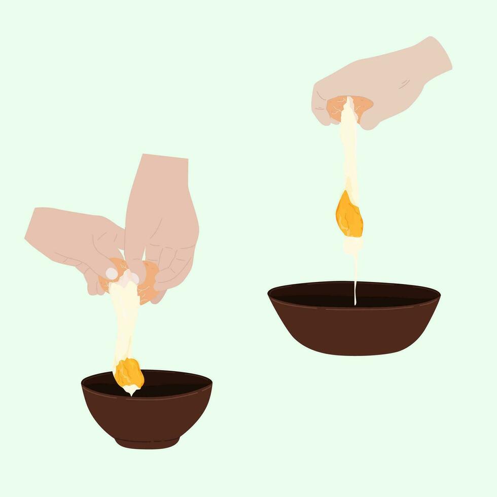 Chicken eggs with broken shells, yellow yolk. Hands break a raw egg into a bowl to prepare a dish. Chicken raw egg. Vector illustration