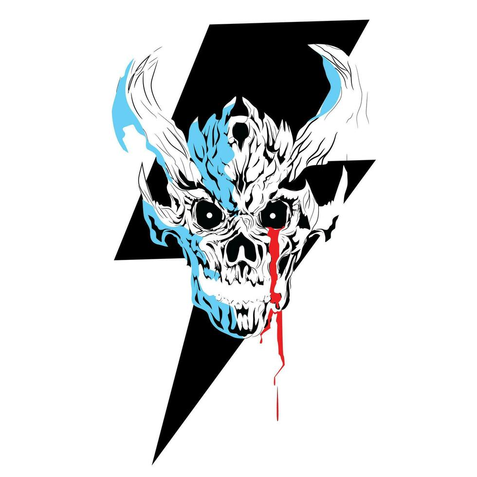 T-shirt design of a skull with horns on a thunderbolt symbol. Satanic rock and roll poster. vector