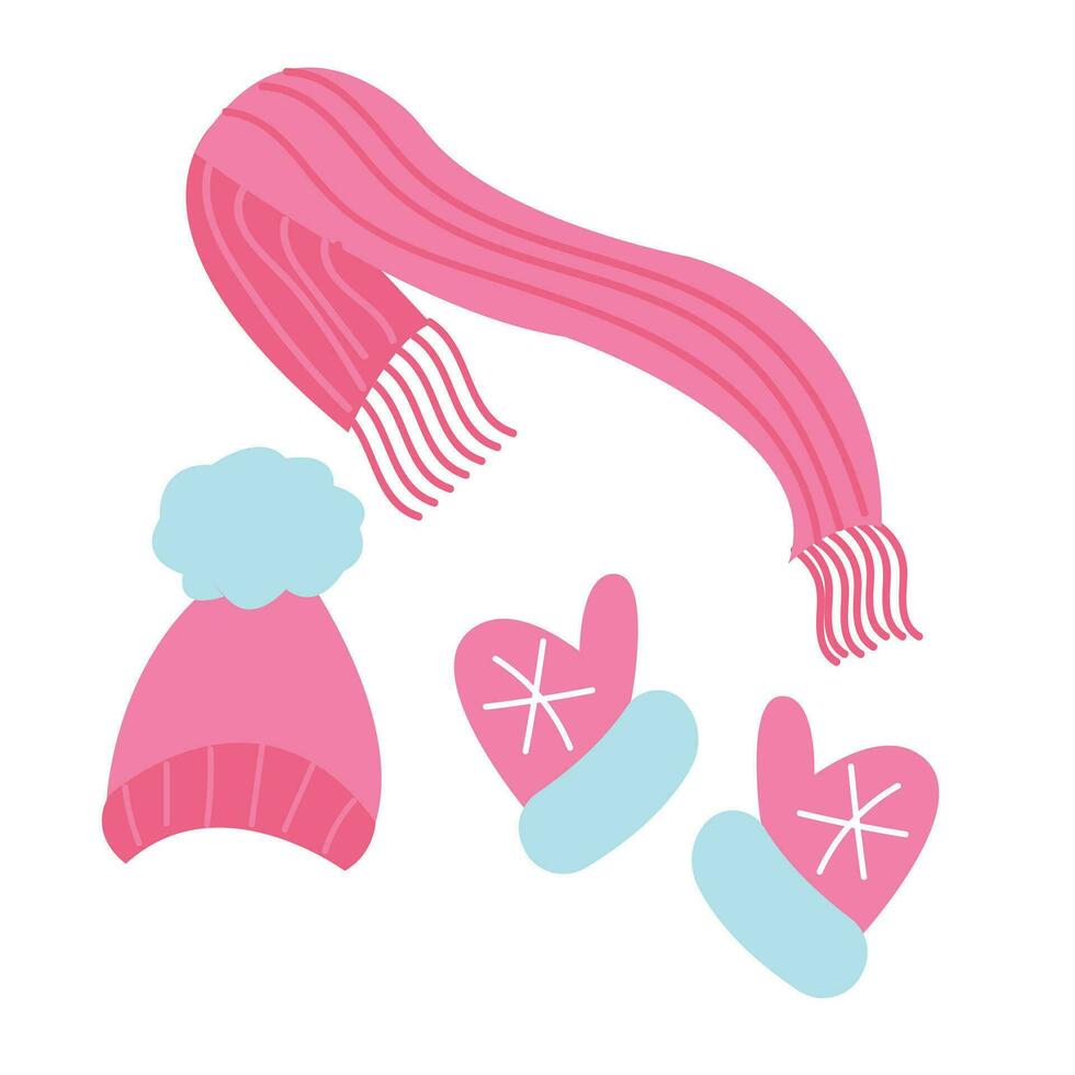 Set of knitted pink hat, scarf and mittens. Simple flat icons in cartoon style. Vector illustration isolated on white background.