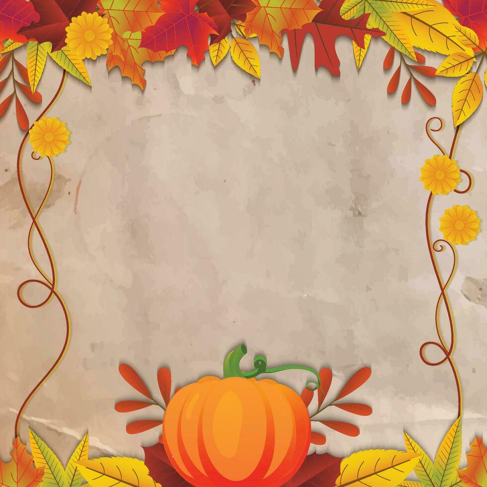 Autumn background with pumpkin, leaves and flowers vector