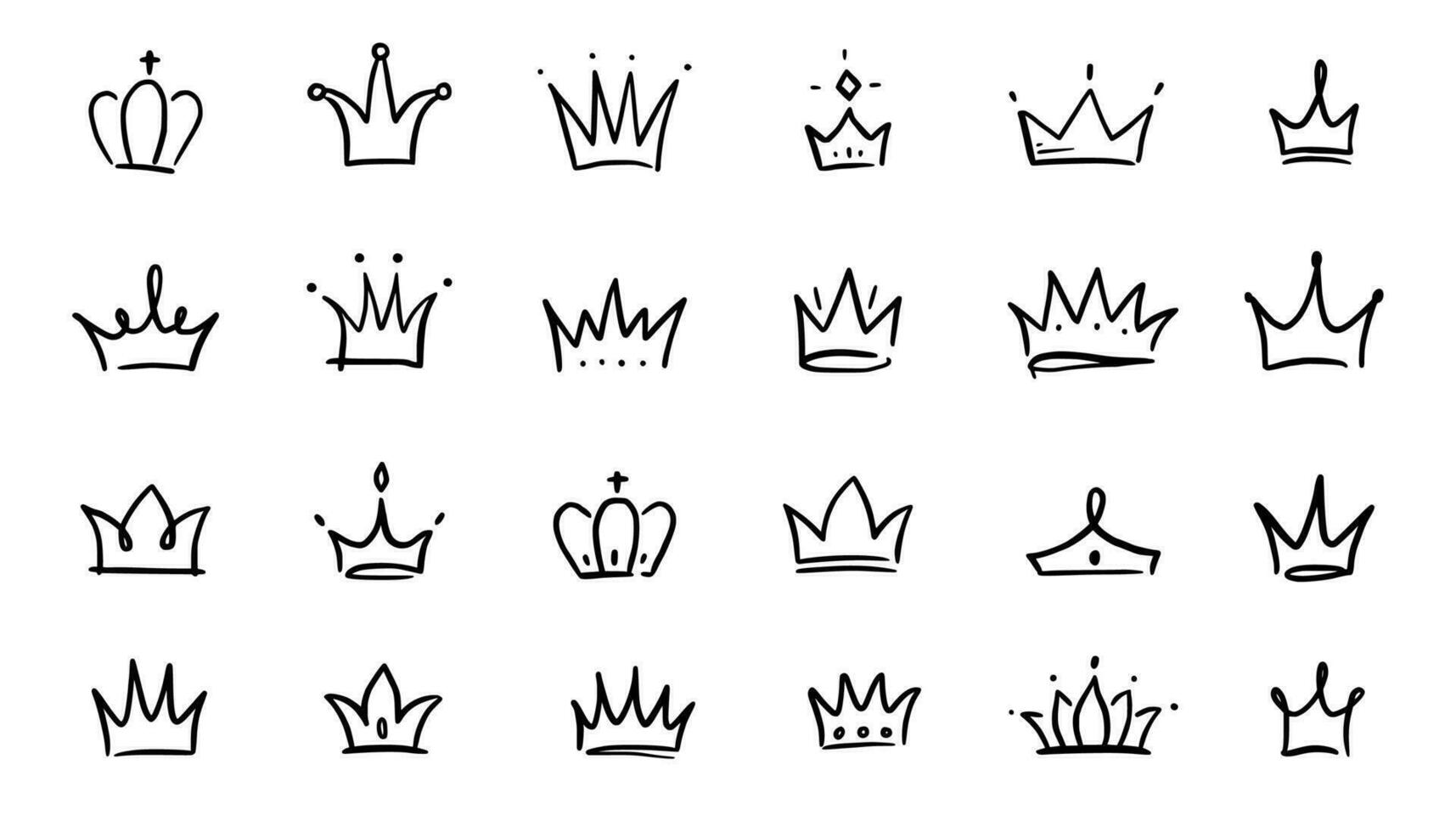 Doodle crown hand drawn set. Doodle princess crown, queen tiara. Line sketch royal element. Queen, king hand drawn simple design element. Isolated vector