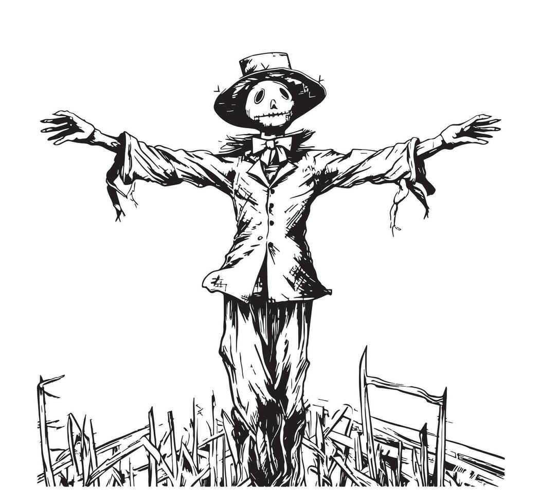 Scarecrow on the field sketch hand drawn Vector Halloween illustration