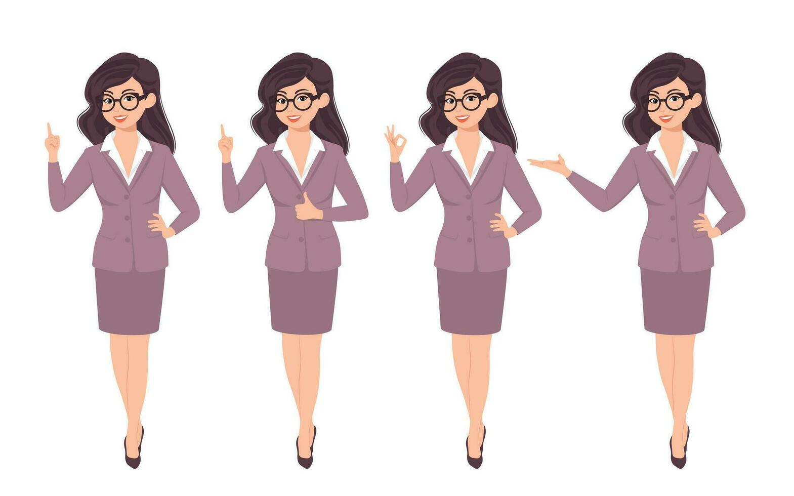 Pose character pose of businesswoman in suit set. Vector illustration