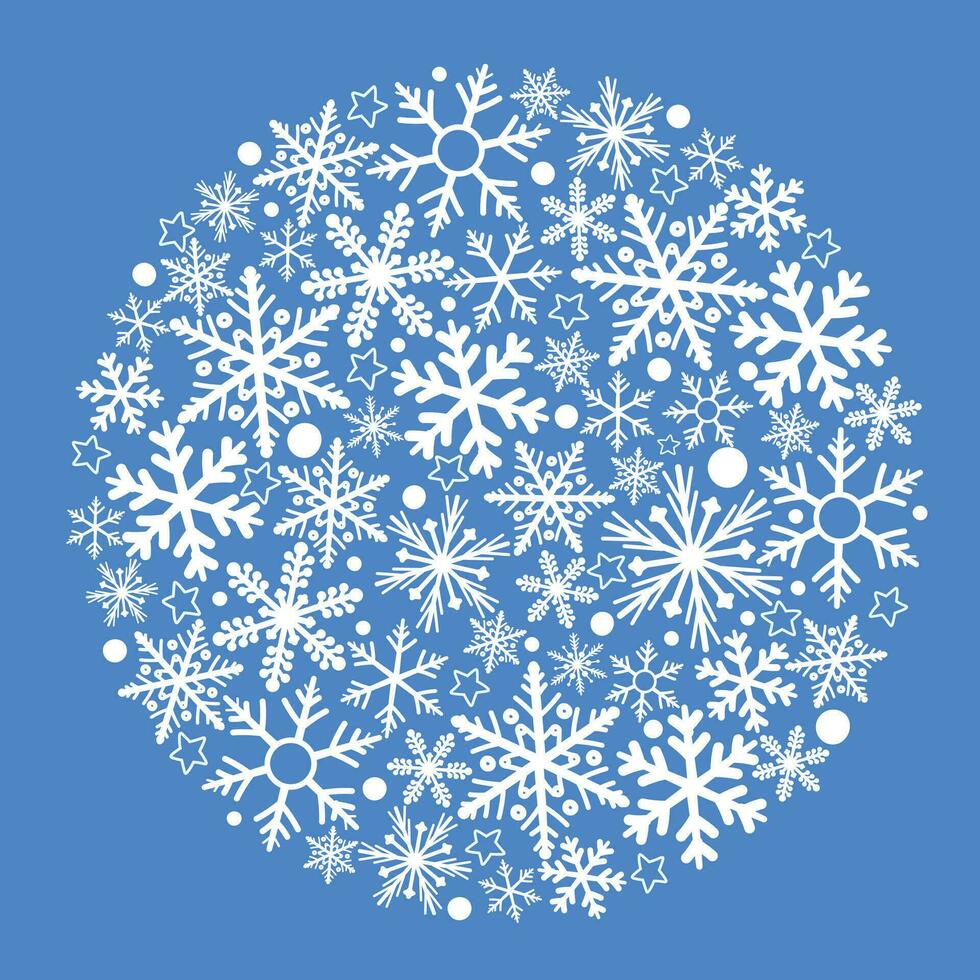 decorativo redondo pelota de copos de nieve. invierno saludo tarjeta, silueta de un Navidad árbol juguete. vector gráficos.