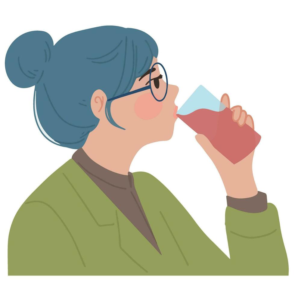 Young woman with blue hair and glasses drinking vector illustration