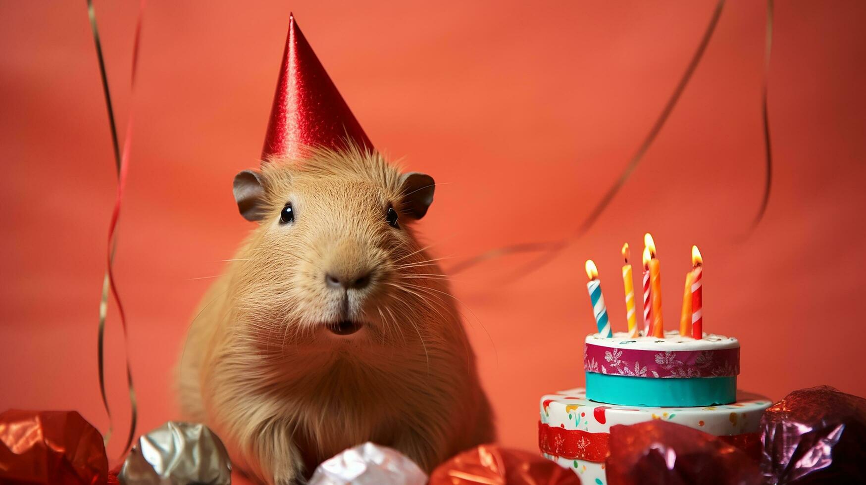 Cute little pet guinea pig wearing a blue bow tie and party hat photo